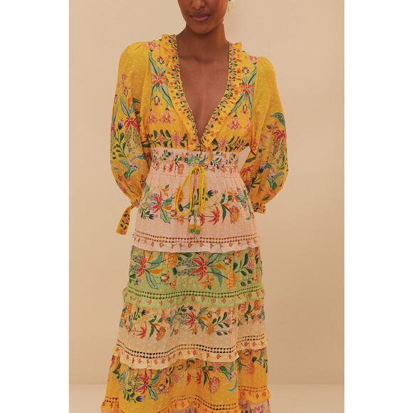 NEW NWT Farm Rio Delicate Flower Stripes Long Sleeve Tiered Maxi Dress Size S - Picture 2 of 12